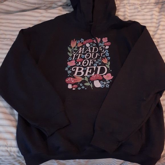 Made It Out Of Bed Mushroom Floral Design Unisex Black Hoodie - Size L - Picture 4 of 7